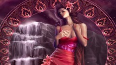 Flowers water fire woman waterfalls red dress red flowers hair 