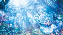 Flowers water fish Anime dress underwater white hair long hair 