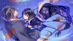 Flowers water fish Anime kimono long hair barefoot anime girls 