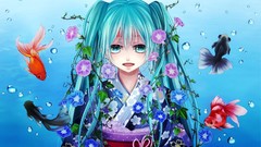 Flowers water fish Anime Manga kimono long hair anime girls 