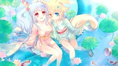 Flowers water fish Water Lilies white hair red eyes Ribbons 