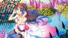 Flowers water headphones brown Shorts multicolor anime girls 