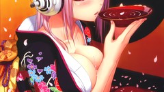 Flowers water headphones wet red eyes sitting kimono blush pink 