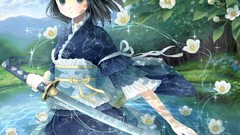 Flowers water Katana anime girls black hair black eyes Japanese 