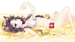 Flowers water long hair anime girls blue eyes brunettes 