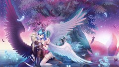 Flowers water love wings feathers reflections angels blue hair 