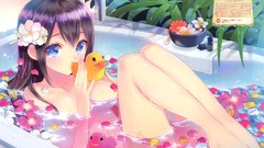 Flowers water Plants bathing long hair anime girls blue eyes 