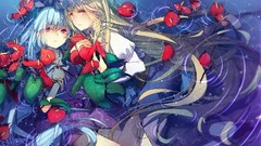 Flowers water red eyes blondes bracelets blue hair long hair 