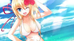 Flowers water sky woman Ribbons Beaches blondes anime girls 