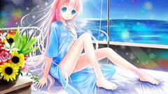 Flowers water sun ocean Anime pink hair anime girls blue eyes 