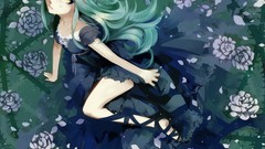 Flowers water tears dress Ribbons sitting long hair anime girls 