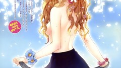 Flowers water text woman Anime wet blondes skirts long hair 