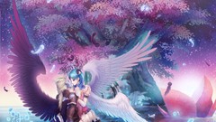 Flowers water wings feathers Anime anime girls aion