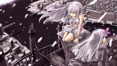 Flowers water woman dress white hair monochrome twins long hair 