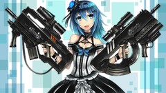 Flowers weapons dress blue hair anime girls blue eyes Gia 