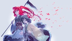 Flowers weapons dress white background red eyes long hair anime 