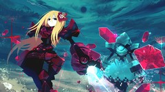 Flowers weapons empty long hair anime girls blue eyes Mononoke