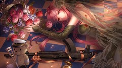 Flowers weapons Guns anime girls teddy bears original characters