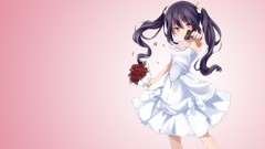 Flowers weapons Guns dress pink background red eyes long hair 