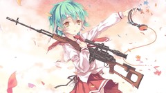 Flowers weapons Guns headphones blood Anime sniper blue hair 