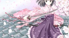 Flowers weapons Katana anime girls black hair nekomimi black 