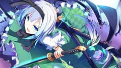 Flowers weapons Katana dress white hair Swords blue hair anime 