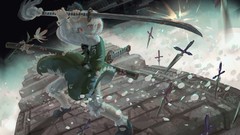 Flowers weapons Katana fight dress Knives white hair red eyes 