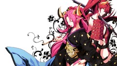 Flowers weapons Katana horns armor gloves kimono pink hair long 