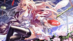 Flowers weapons Katana horns red eyes sitting Swords chains 