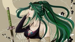 Flowers weapons Katana Swords long hair anime girls green eyes 