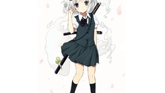 Flowers weapons Katana white background Swords anime girls blue 