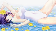 Flowers wet anime girls purple hair cleavage