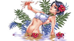 Flowers wet blue hair anime girls blue eyes short hair artwork 
