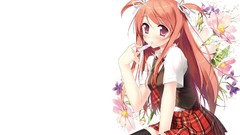 Flowers white background red eyes long hair anime girls school 