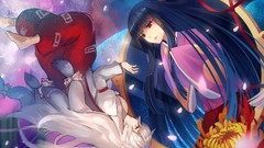 Flowers white hair red eyes kimono long hair barefoot fujiwara 