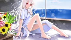 Flowers white hair red eyes long hair barefoot anime girls 