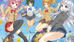 Flowers white hair red eyes skirts pink hair anime girls blue 