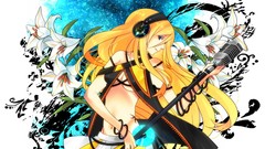 Flowers white headphones blondes anime girls vocaloid cleavage 