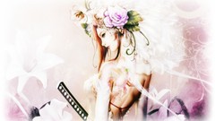 Flowers white weapons Katana dress gloves Swords anime girls 