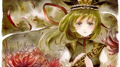 Flowers wind paintings hats Ribbons faces outdoors blush long 