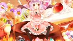 Flowers wings Anime dress Candies red eyes Ribbons cakes blush 