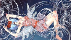 Flowers wings Anime dress navel red eyes blue hair anime girls 