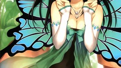 Flowers wings Anime long hair anime girls green eyes black hair 
