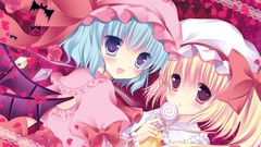 Flowers wings Candies Ribbons blush blue hair smiling pink eyes 