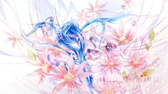 Flowers wings dress gloves blue hair long hair anime girls 
