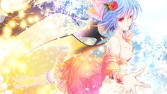 Flowers wings dress red eyes blue hair anime girls short hair 