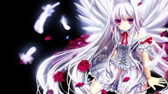 Flowers wings feathers dress white hair anime girls purple eyes 