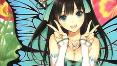 Flowers wings Ribbons faces bows smiling long hair anime girls 