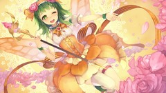 Flowers wings staff green eyes vocaloid wink green hair Megpoid 