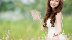 Flowers woman Actress bokeh asians bangs models supermodels